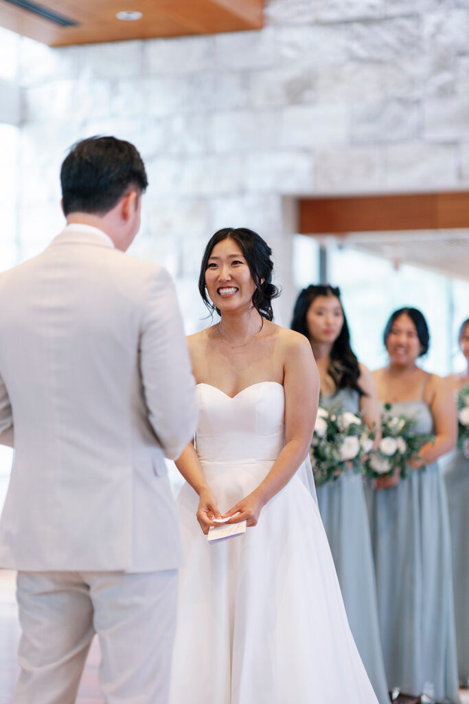 bride smiles at crossline church wedding 