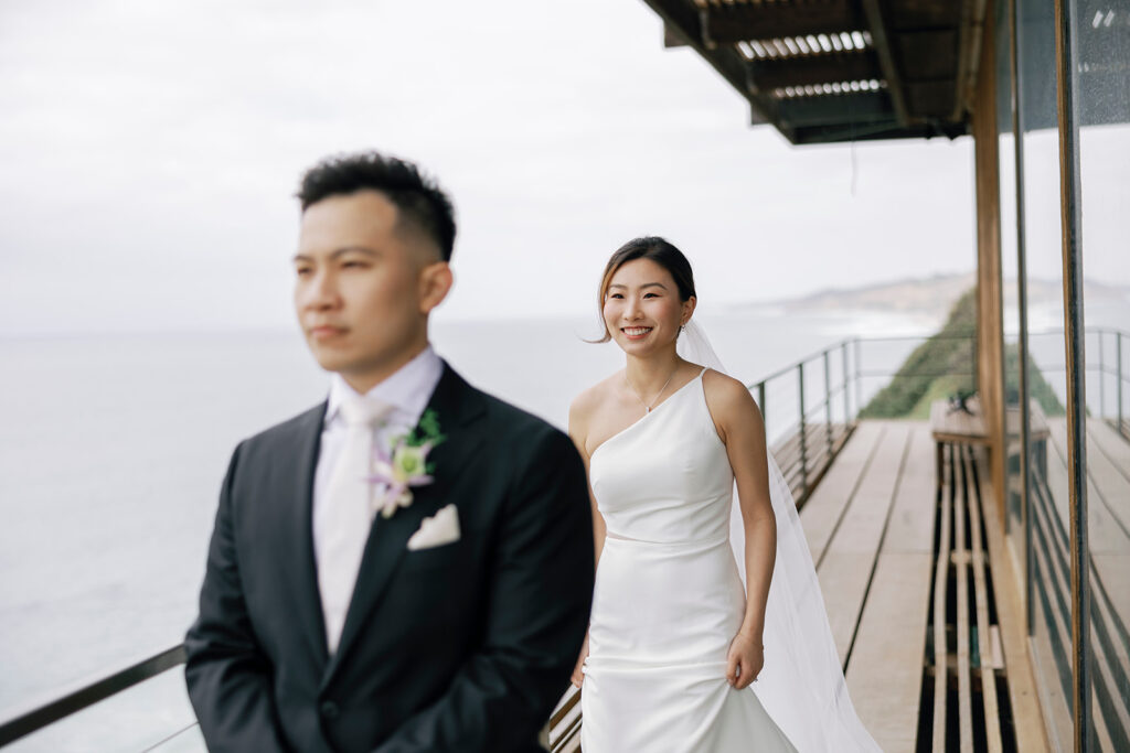 first looks bride and groom seaside