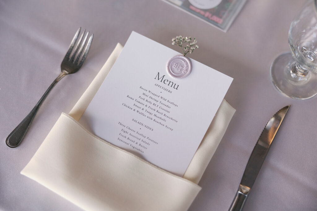 close up of menu for jefferson street mansion wedding