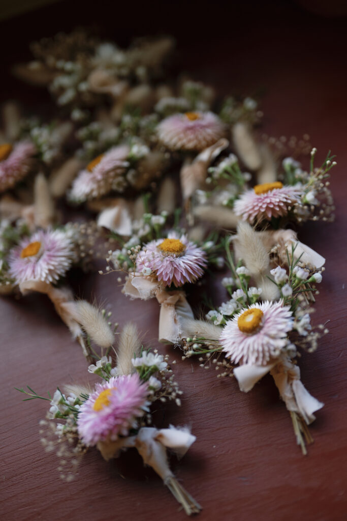 Charming boutonnieres featuring pink daisies, baby’s breath, and dried grass tied with delicate ribbon