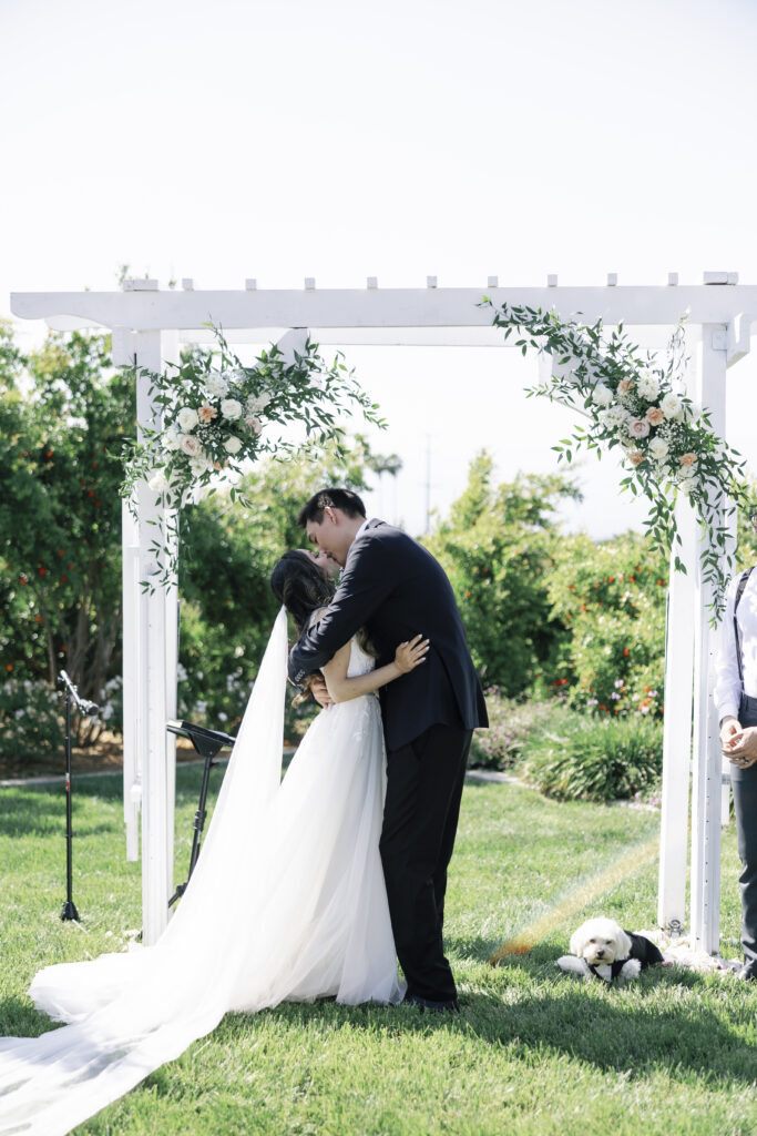 a bride and groom kissing while their dog relaxes beside them wearing a dog tuxedo